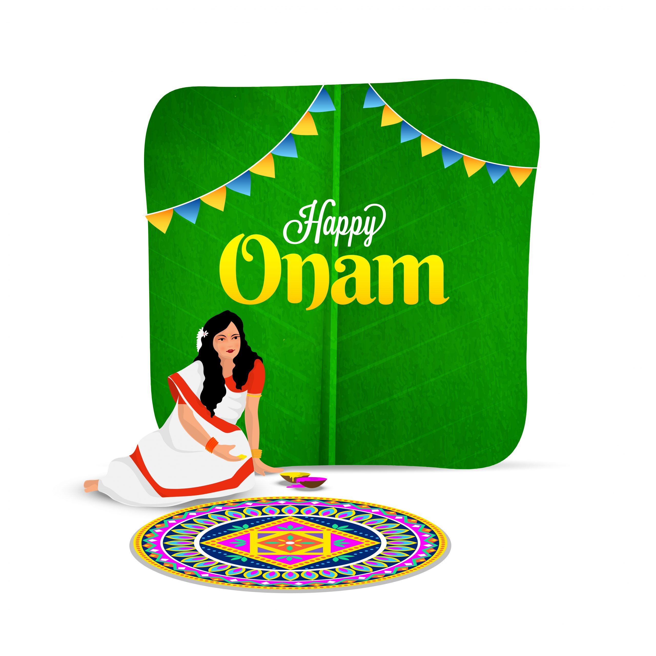 Young woman in traditional clothing making beautiful Rangoli on occasion of South Indian festival Onam celebration.