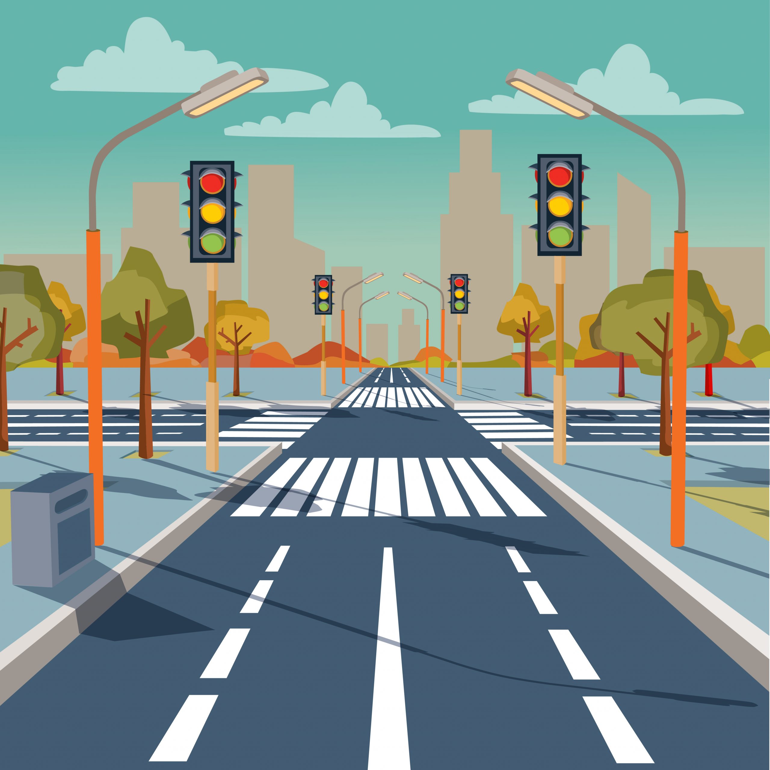 Vector city crossroad with traffic lights Vector illustration of city crossroad with traffic lights, road markings, sidewalk for pedestrians, without any cars and people. Cityscape, empty street, highway, urban concept in flat style