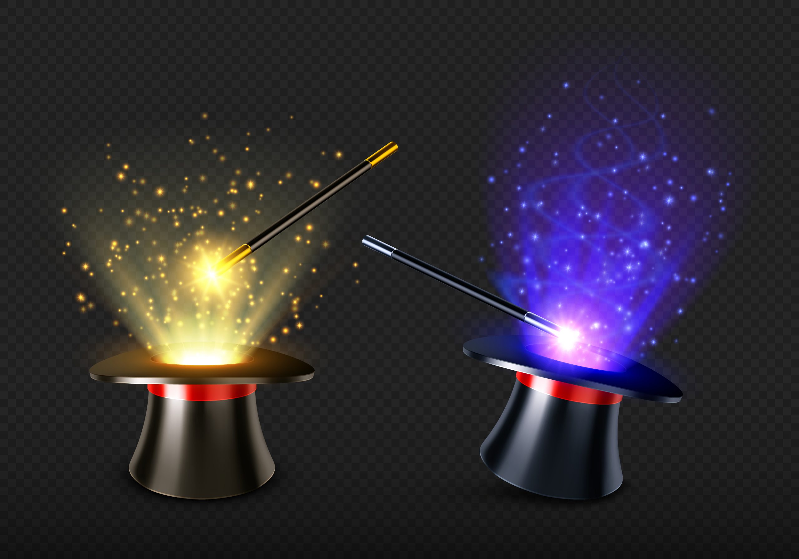 Magic wand and magician hat with spell light and sparkles. Illusionist black cylinder with mystery glow and stick for miracles. Vector realistic set of 3d high cap with red ribbon and wizard wand